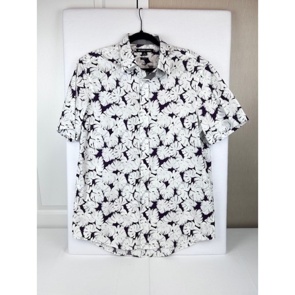 Michael Kors Mens Purple White Monstera Leaf Tropical Button Down Shirt Medium